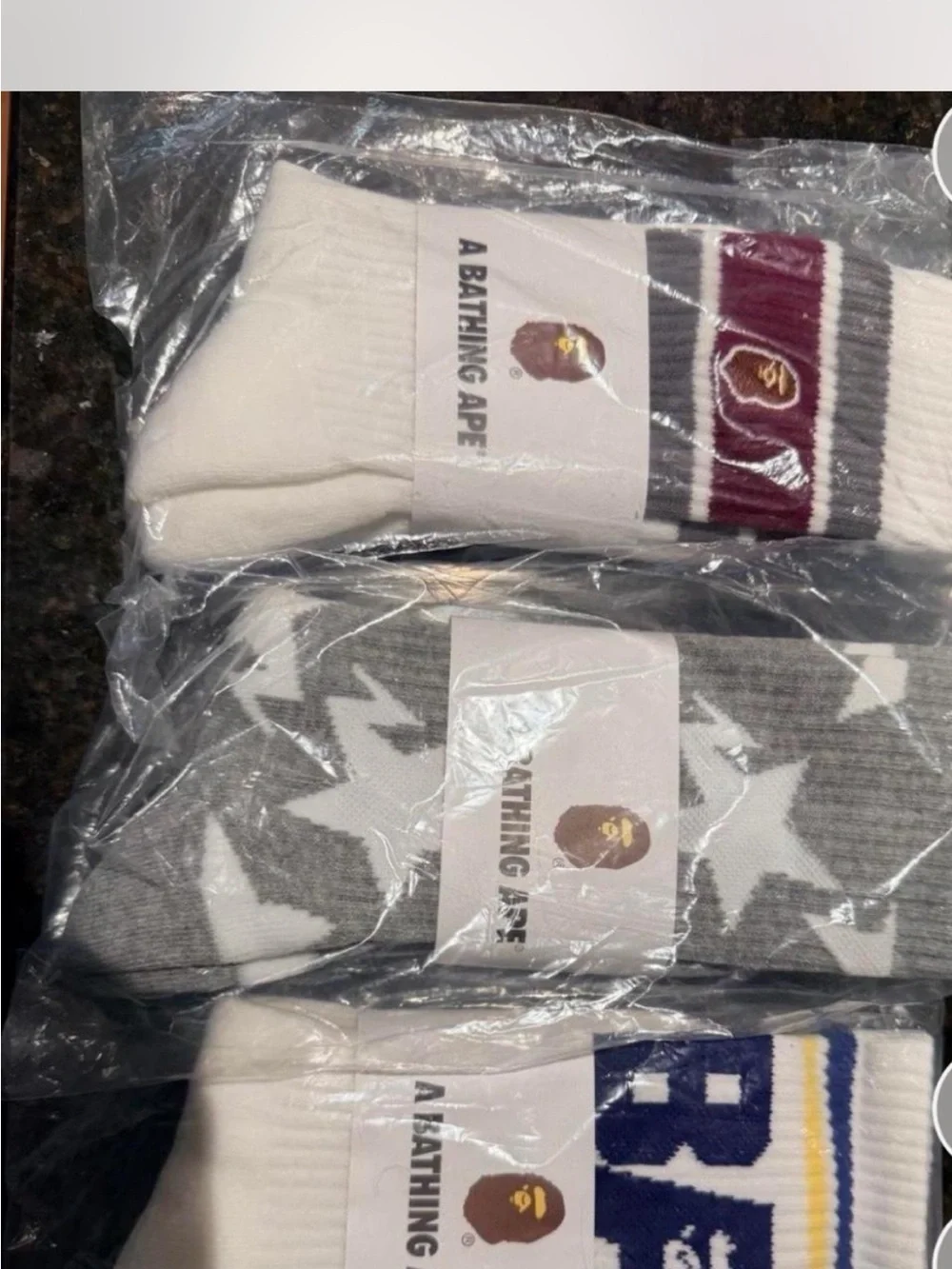 Bape Crew Socks Pack in White, Gray & Maroon Accent